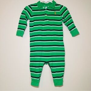 Ralph Lauren Striped Green and White one-piece collared Footie outfit